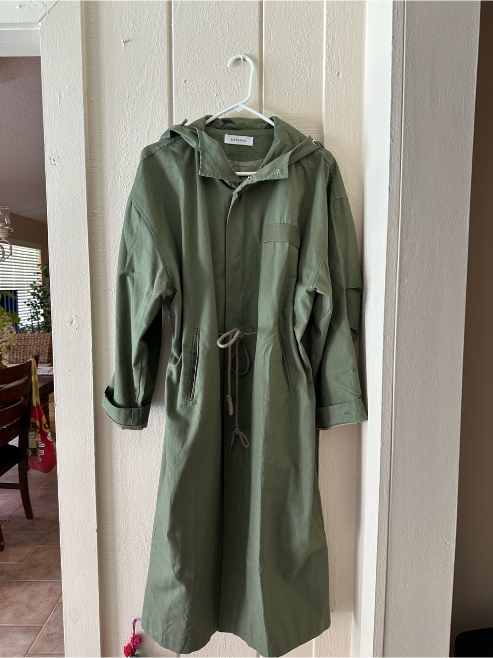 NEW DESIGN BY JIAOLANDI GREEN WITH HOOD LONG RAIN COAT WOW L